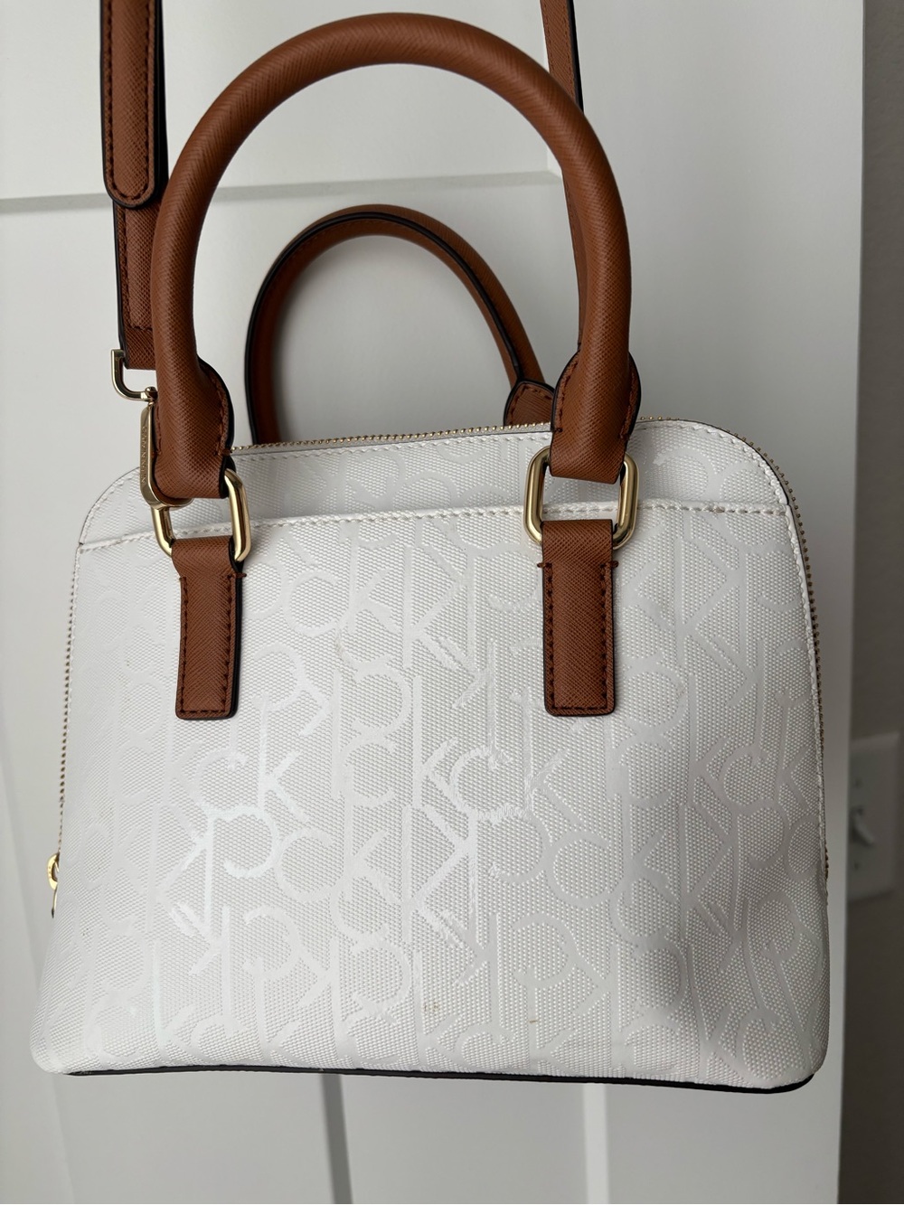 Calvin Klein White Floral Dome Satchel with Brown Trim and Gold Hardware - Picture 3 of 6